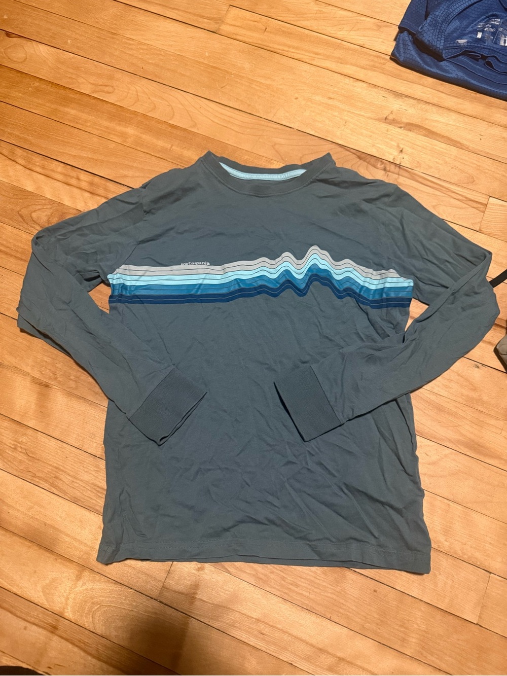Patagonia Slate Blue Long Sleeve Crew with Blue Stripe Chest